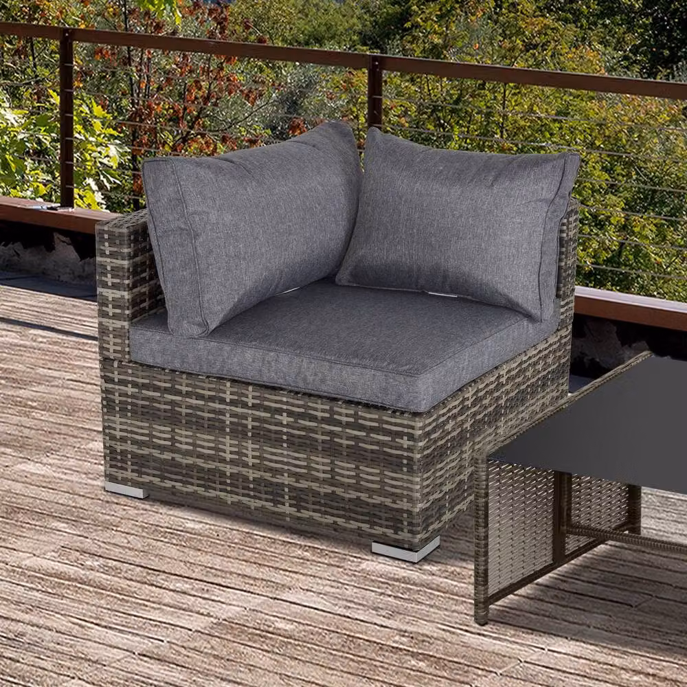 ERGOVEXA L-Shape Outdoor PE Rattan Corner Sofa in Grey with Upholstered Cushions and Metal Frame – 3