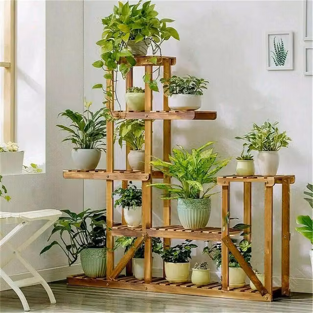 NESTLUNE Multi Tier Wood Flower Rack Plant Stand in Brown, H 96 cm x W 15 cm x D 15 cm