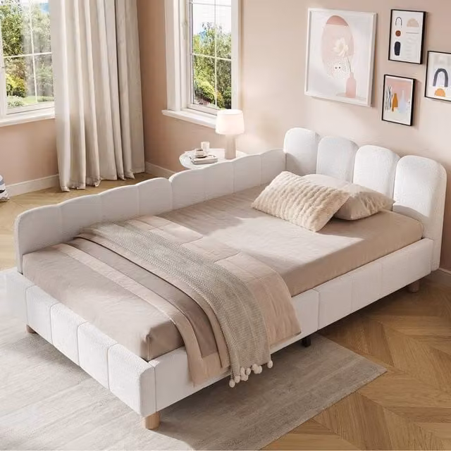 Merax Boucle Single Corner Daybed in White with Side Compartments and Rubberwood Frame, W/D/H: 90 x 190 cm