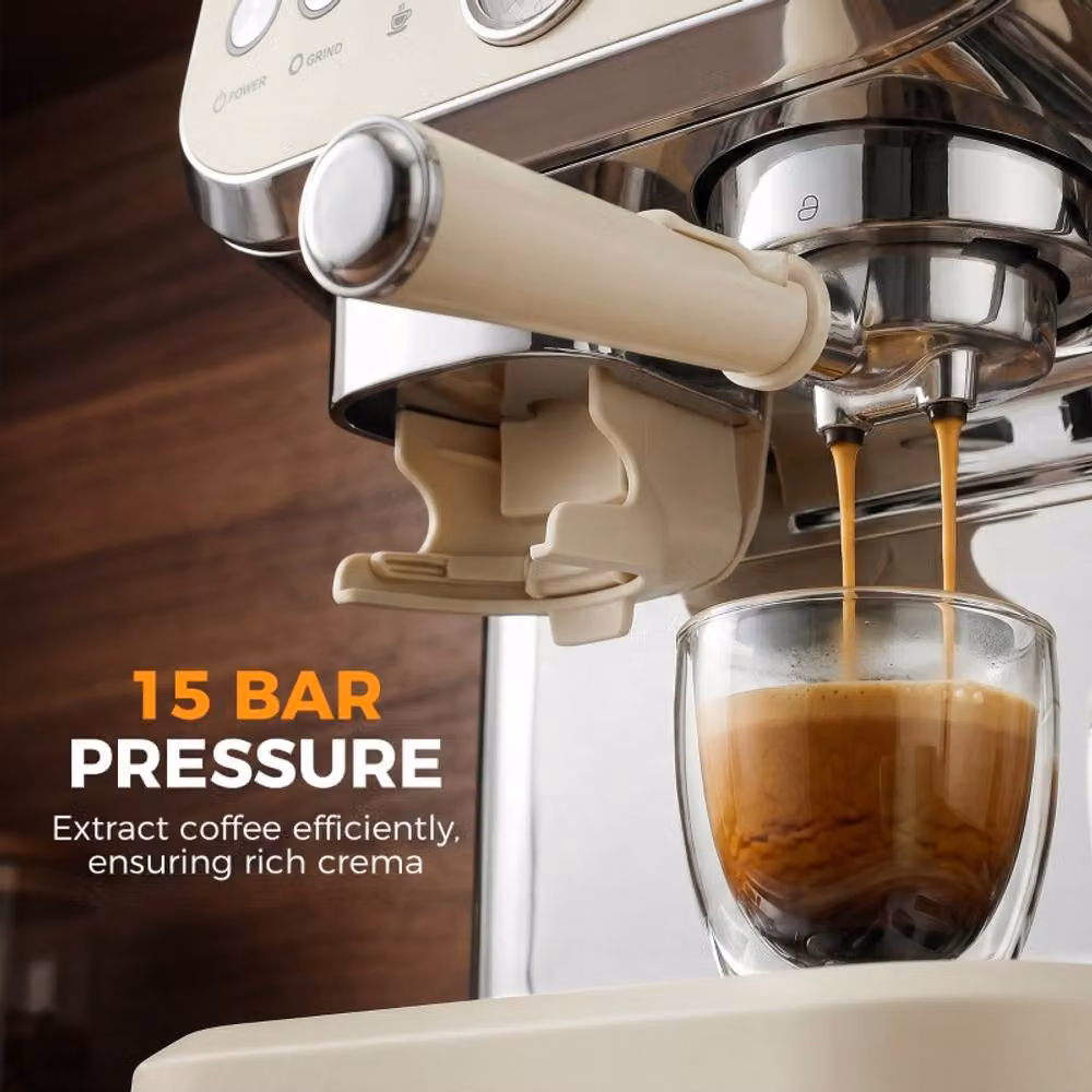 Rolipo Cream White Bean to Cup Coffee Machine with 15 Bar Pressure, Integrated Grinder, Steam Wand and Removable Tank – 5