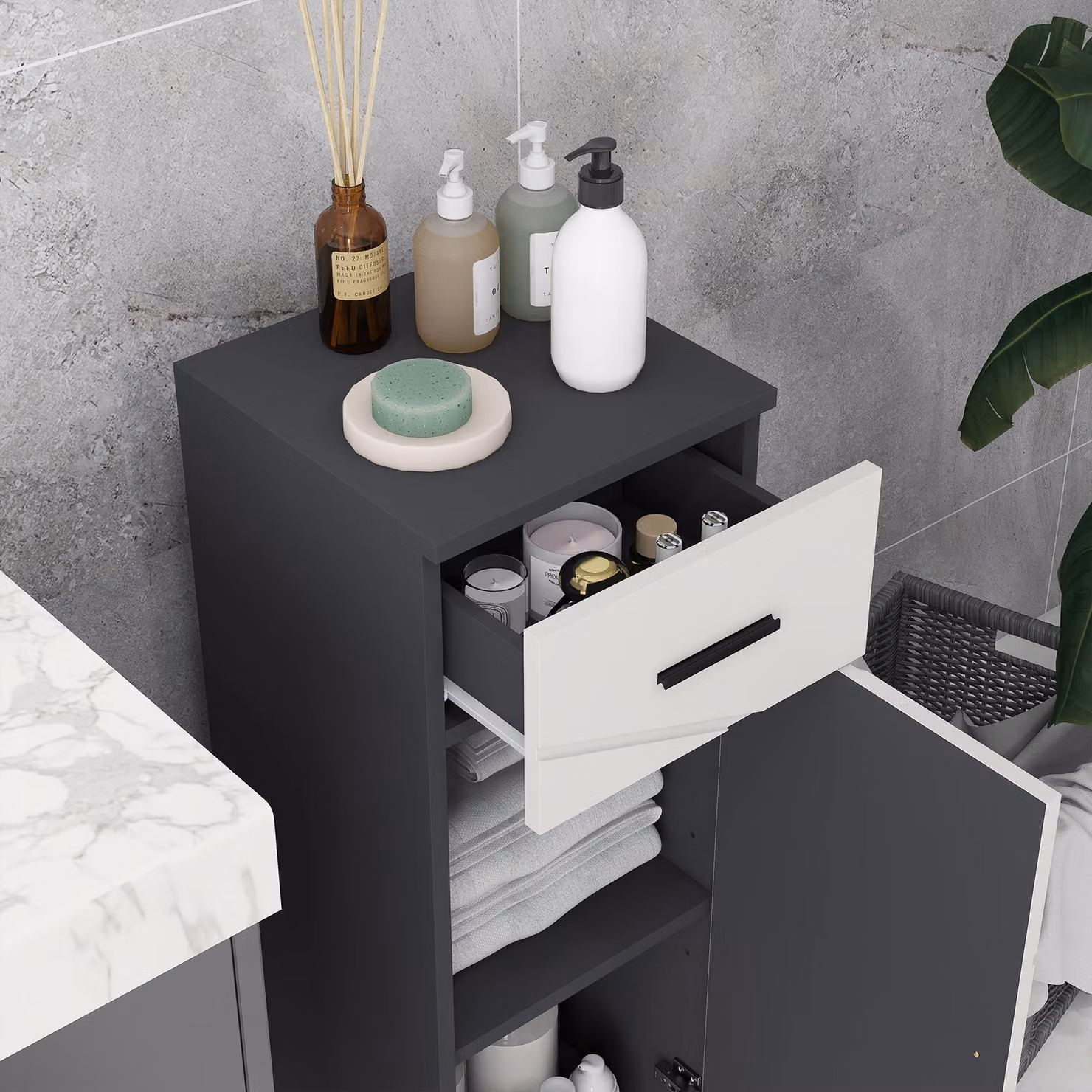 Kleankin Freestanding Modern Bathroom Storage Cabinet in Matt Grey with Soft-Close Hinged Doors and Internal Drawers – 7
