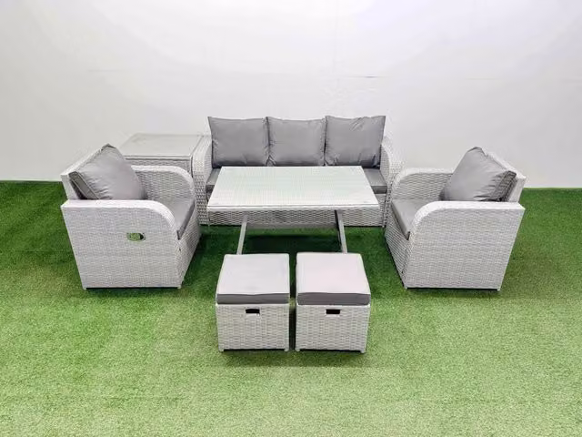 Fimous 3 Seat Reclining Sofa Garden Furniture Set with Dining Table in Light Grey