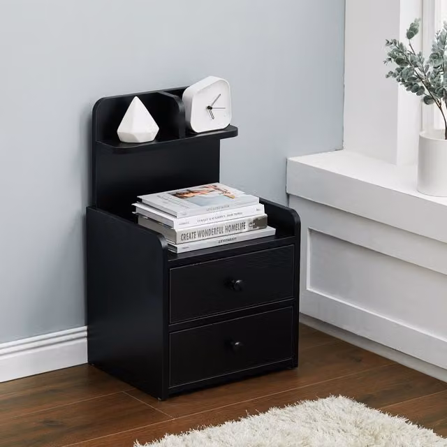 Livingandhome Modern Black Wooden Bedside Table with Drawer