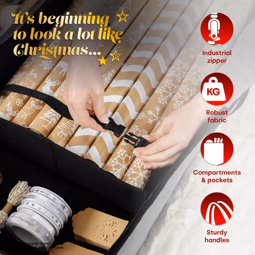 Christmas Village Premium Fabric Wrapping Paper Storage Bag with Lid and Handles in Grey – 3