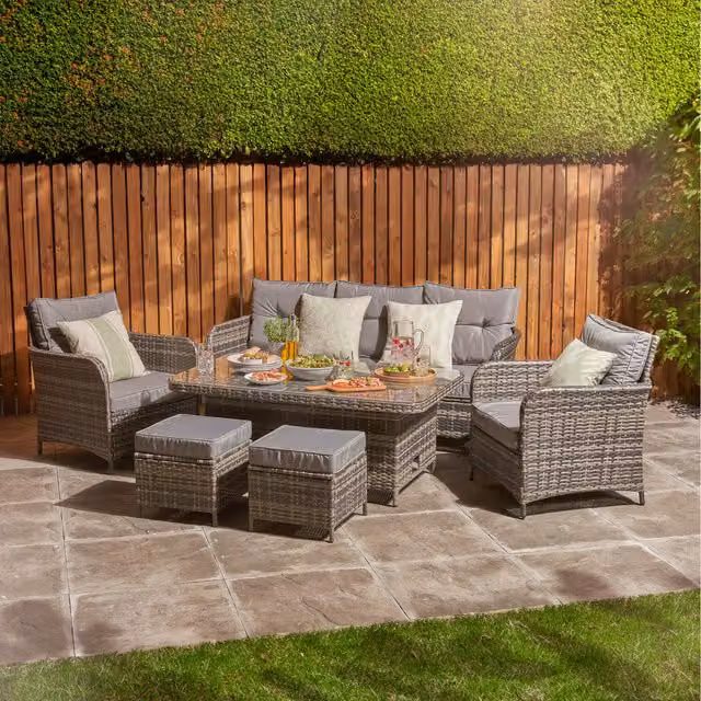 Home Treats Deluxe 7 Seater Grey Rattan Patio Dining Set with Metal and Glass Details