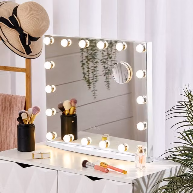 Livingandhome Hollywood Tabletop Makeup Mirror with 18 Dimmable LED Bulbs in White