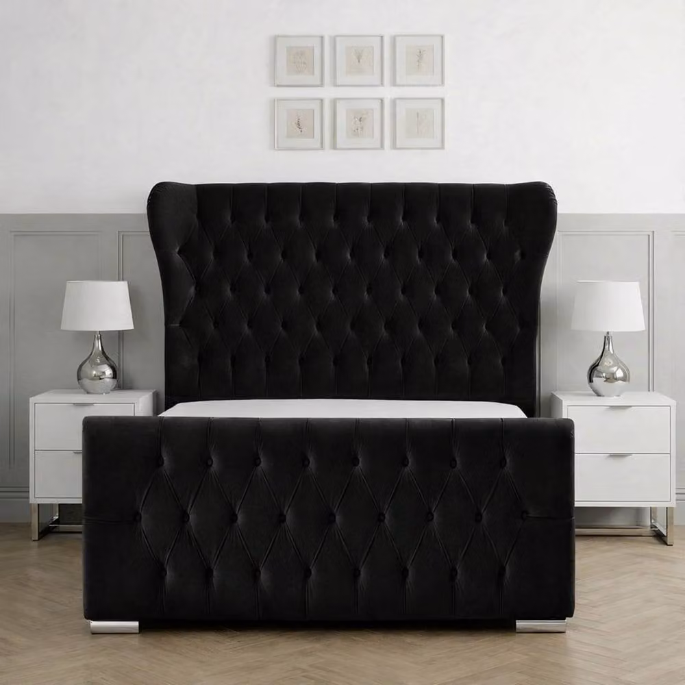 Living Comfort Bedz Velvetine Plush Velvet Upholstered Bed with Slatted Base in Black, Size: Double (W/D/H: 140 x 200 cm) – 2