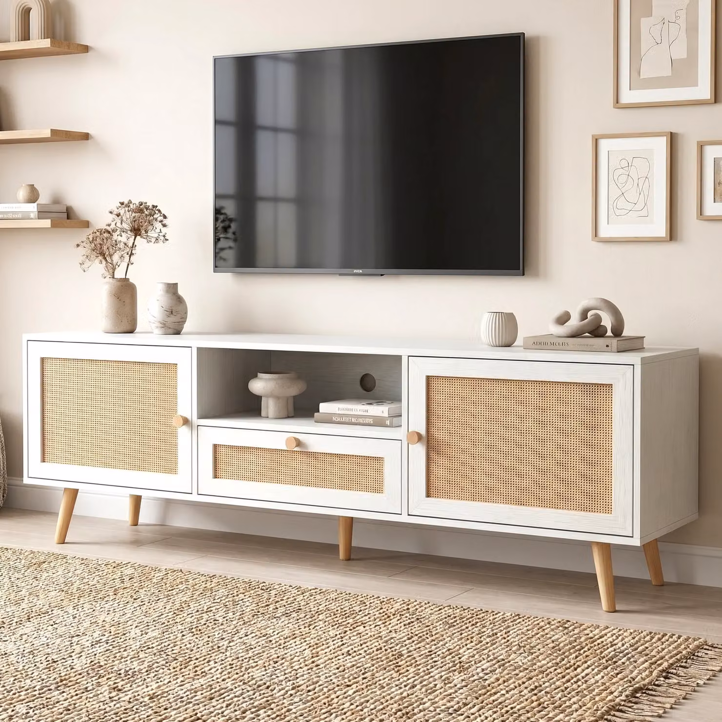 Wovena White Rattan TV Unit with 2 Door Storage Cabinet, W: 160 cm, D: 40 cm, H: 55 cm
