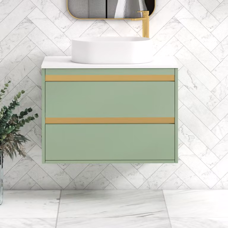 Royal Bathrooms Orion 800mm Wall Hung Vanity Unit in Mint Sage with White Peak Basin and Brushed Brass Accents