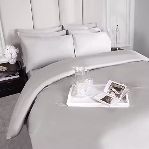 Highams Luxury 400 Thread Count Mako Satin Cotton Duvet Cover and Pillowcase Set in Silver Grey, Single, Duvet Cover: 135 x 200 cm, Pillowcase: 50 x 75 cm – 2