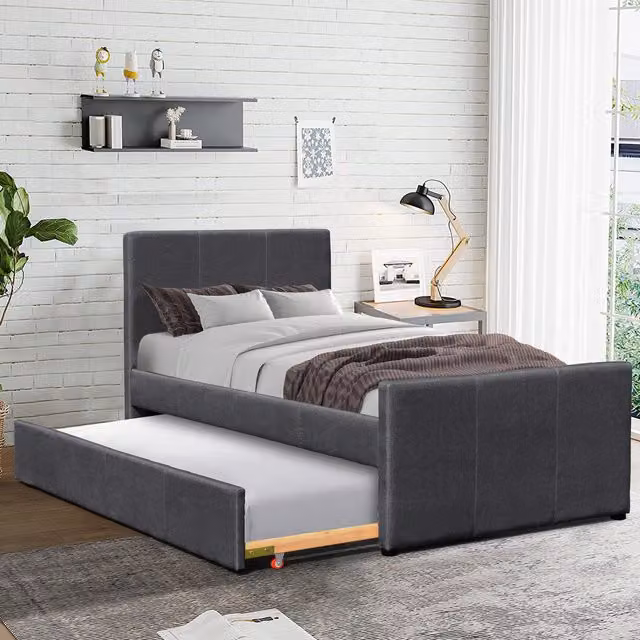 Comfy Living Grey Upholstered Single Fabric Bed Frame with Trundle, W/D/H: 90 x 190 cm