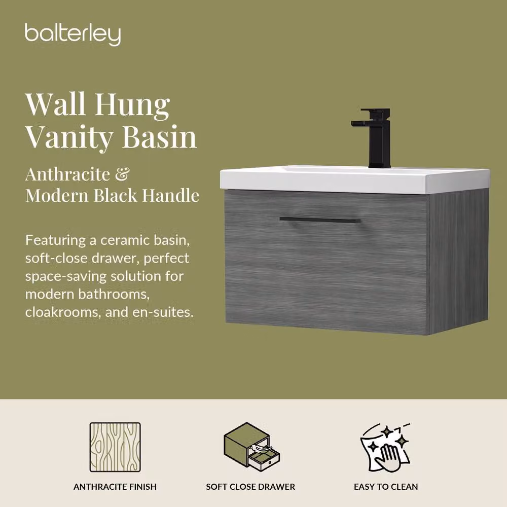 Balterley 600mm Wall Hung 1 Drawer Vanity in Woodgrain Anthracite with Black Handle in Grey – 2