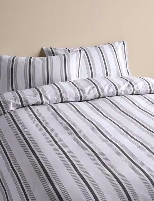 M&S Pure Cotton Striped Bedding Set, Grey, 180 x 200 cm