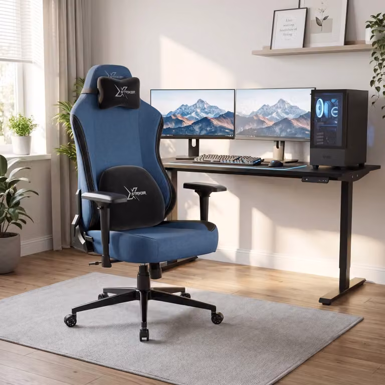 Xstriker Ergonomic Blue and Grey Velvet Gaming Chair with Headrest and Armrests