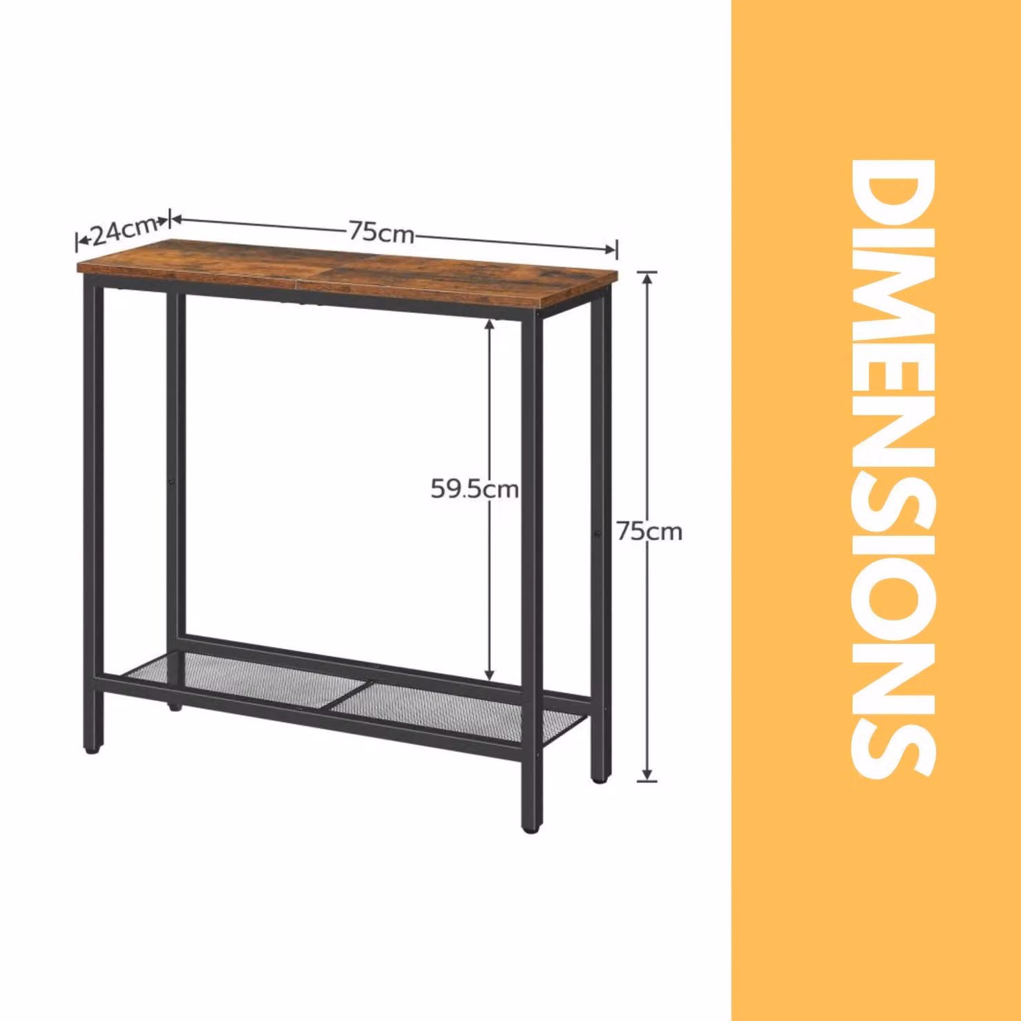 Rafaelo Mobilia Industrial Console Table with Mesh Shelf in Brown and Black, W/D/H: 75 x 24 x 75 cm – 3