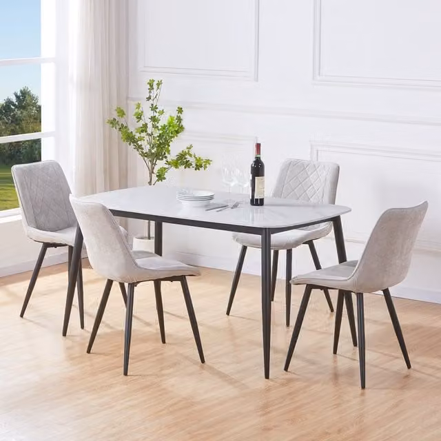 Aspen White Sintered Stone Rectangular Dining Table and 4 Cord Fabric Chairs Set in Light Grey