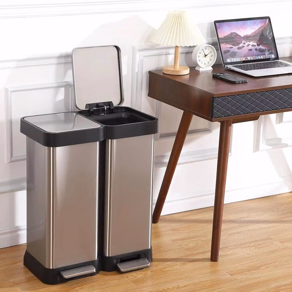VOGREX 16 Gallon Dual Trash and Recycling Bin in Silver Stainless Steel – 3