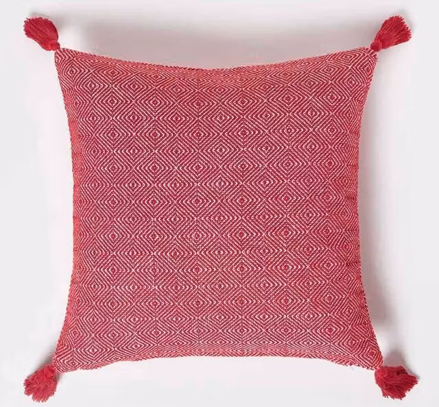 Homescapes Red Geometric Handwoven Kilim Cushion with Cotton and Wool Cover and Microfibre Insert, W/D/H: 45 x 45 x 45 cm