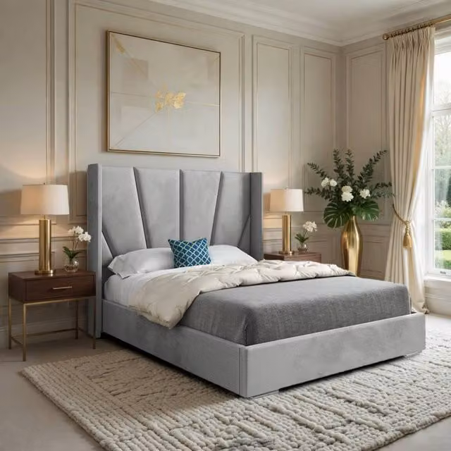 Casani Farleigh King Size Upholstered Velvet Bed Frame in Grey, W/D/H: 180 x 200 x 159 cm – 1