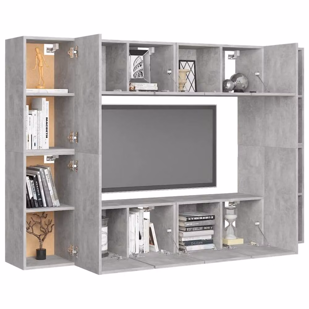 Berkfield Home 8 Piece Modern Grey MDF TV Cabinet and Lowboard Set with Wall Mounted Units and Hinged Doors – 1