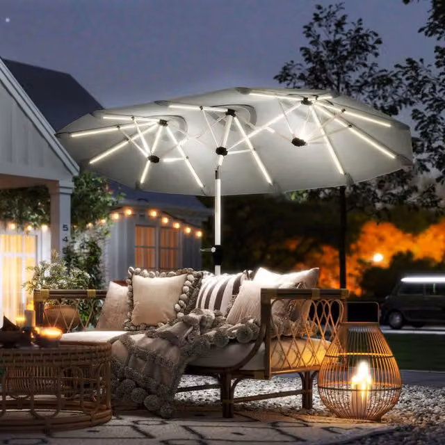 Outsunny 3m Double-Sided Grey Garden Parasol with Solar Lights and UPF 50+ Polyester Canopy
