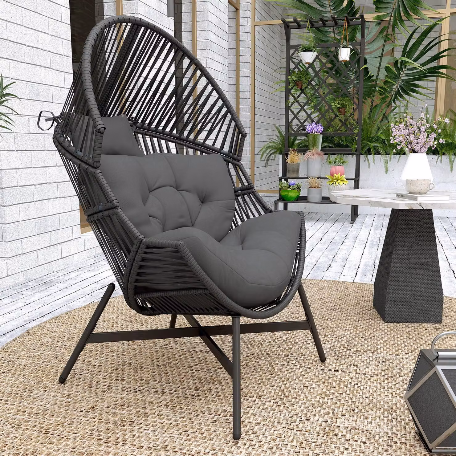 OUTSUNNY Standing Rattan Garden Egg Chair with Headrest, Charcoal Grey – 9