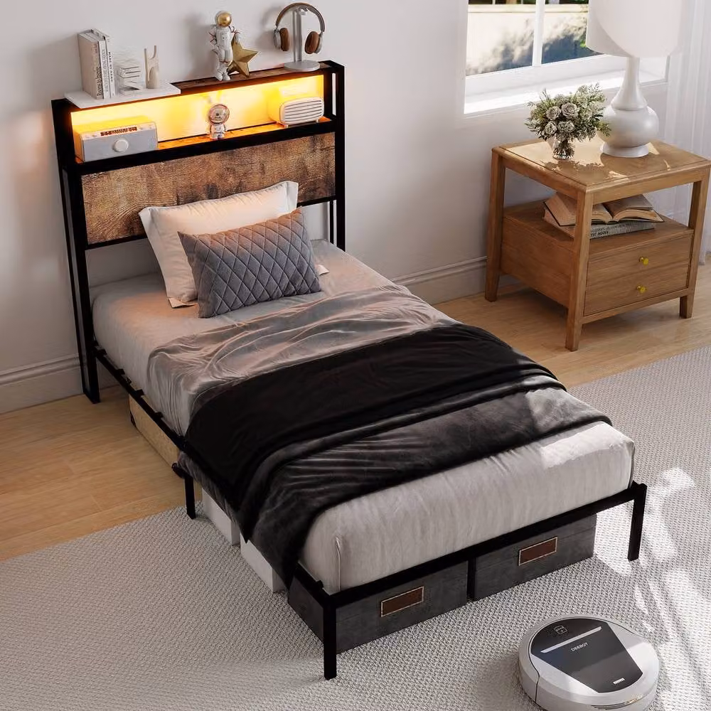 Rolipo Black Metal Double Bed Frame with Smart RGB LED Under-Bed Lighting and Storage Headboard W/D/H: 140 x 200 cm – 1
