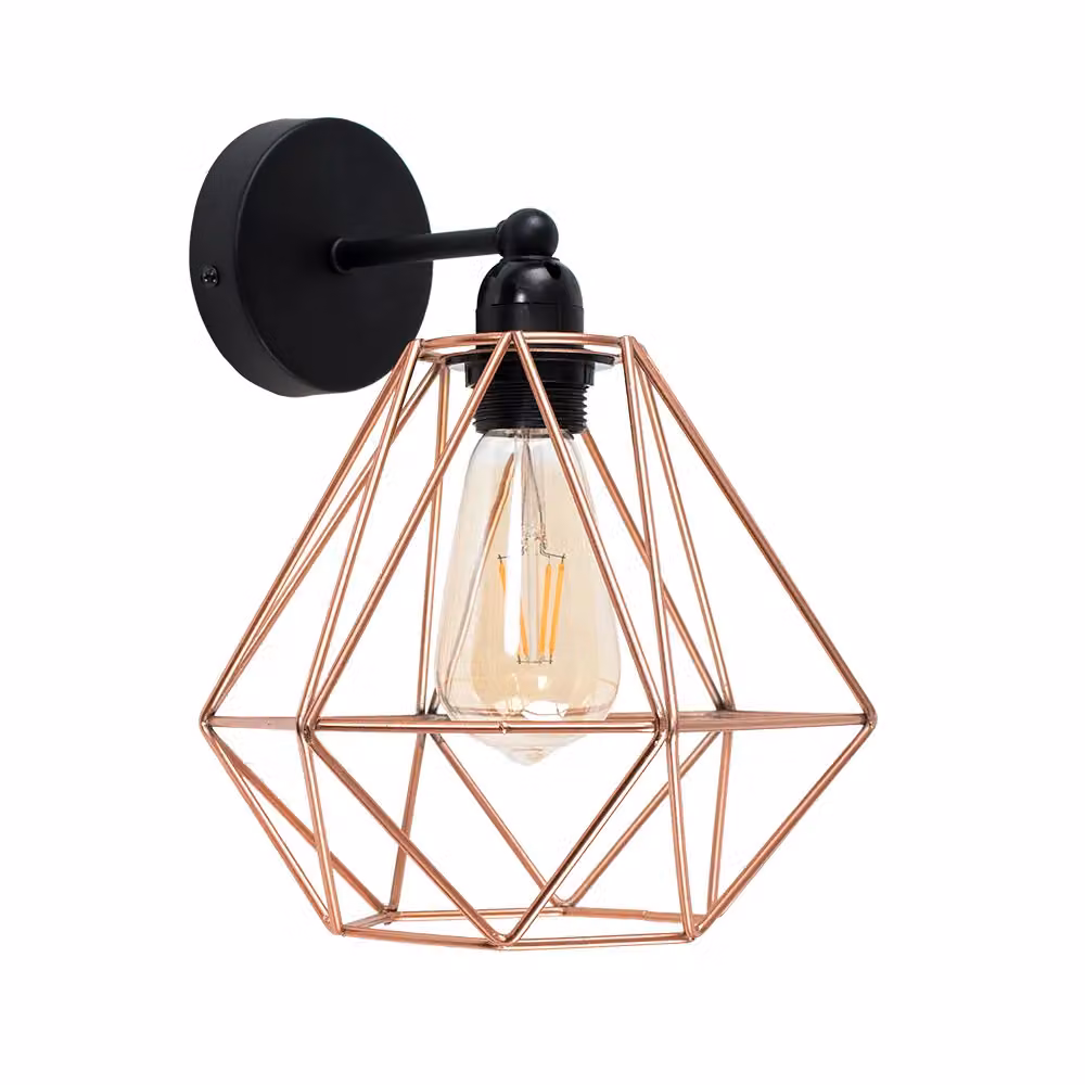 MiniSun Industrial Steampunk Satin Black Pipework Single Wall Light with Copper Metal Basket Cage Shade – 2
