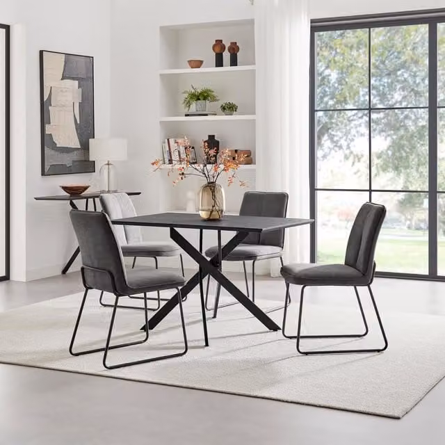 FurnitureboxUK Leonardo Black Top Dining Table and 4 Halle Dark Grey Fabric Chairs Set