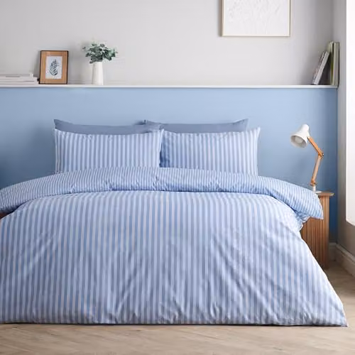 Catherine Lansfield Epping Textured Stripe Reversible Duvet Cover and Pillowcase Set, Blue, W/D/H: 200 x 200 cm