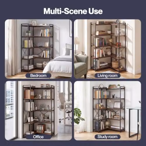 Levede 5-Tier L-Shaped Corner Bookcase in Brown and Black – 5