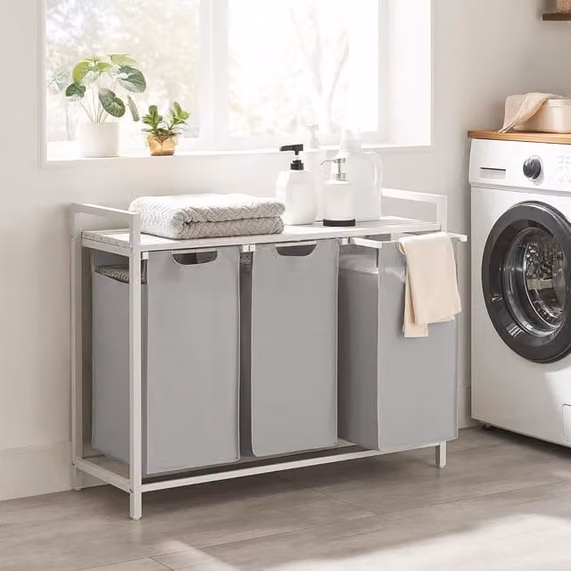 VASAGLE 3 Compartment Laundry Basket with Shelf and Metal Frame, Grey
