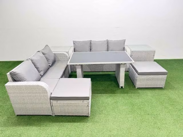 Fimous 8 Seater Rattan Outdoor Dining Table Set with 2 Side Tables and Stools in Light Grey