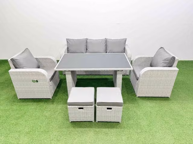 Fimous 7-Seater Outdoor Rattan Garden Furniture Dining Set with 2 Small Stools in Light Grey