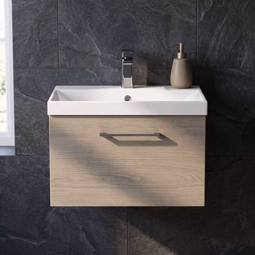 Balterley Mid Oak 600mm Wall Hung 1 Drawer Vanity Basin Unit with Pewter Handle in Brown – 5