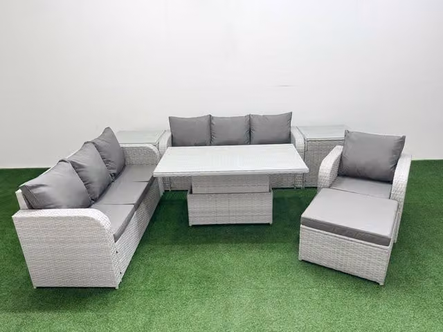 Fimous 8 Seater Poly Rattan Outdoor Garden Furniture Set in Grey with Adjustable Lifting Dining or Coffee Table, 3 Seater Sofa and 3 Reclining Chairs
