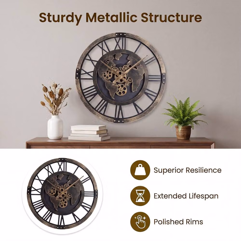 Gymax Vintage World Map Decorative Gear Wall Clock in Brown, Diameter: 68 cm – 6