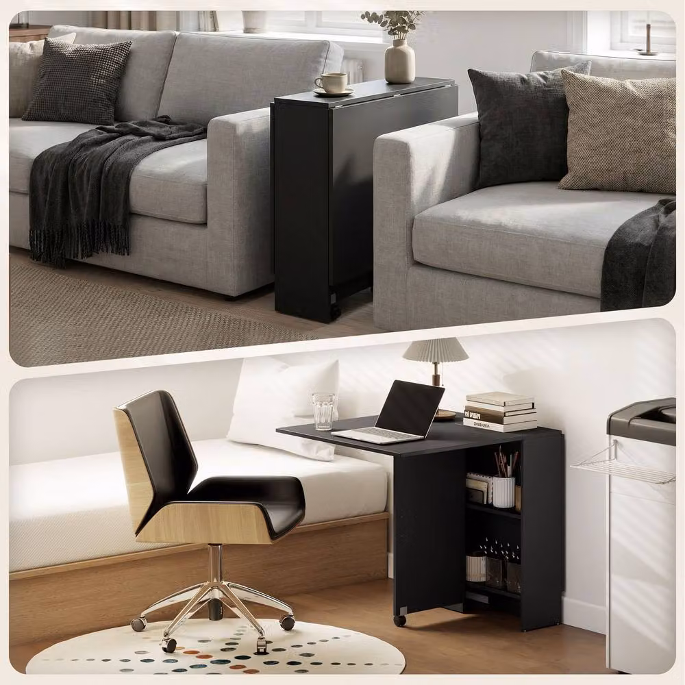 STILVORA Modern Black Drop Leaf Dining Table with Storage and Castors – 10
