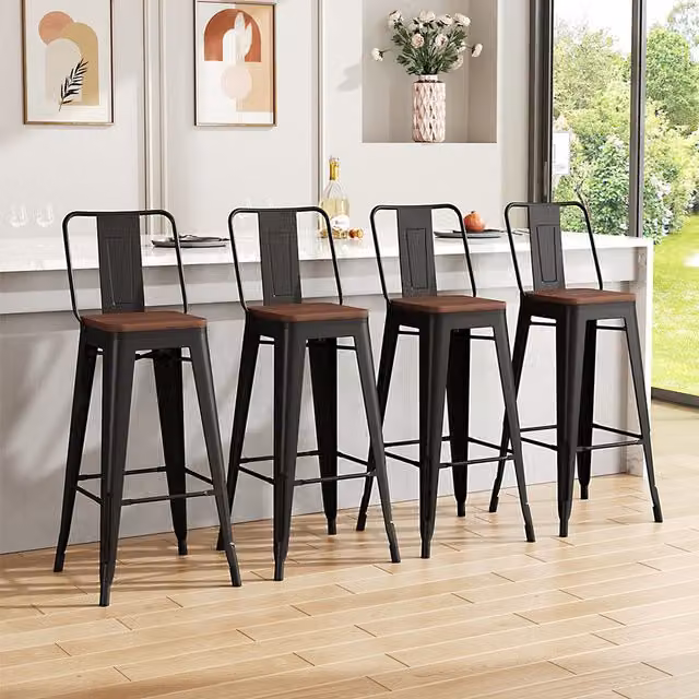 Livingandhome Set of 4 Vintage Tall Bar Stools with Backrest in Brown and Black
