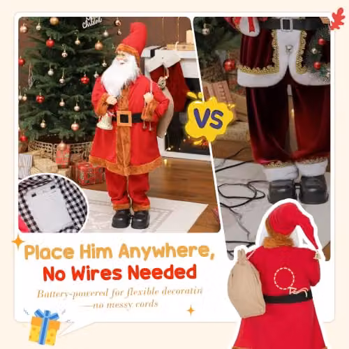 HOMCOM Musical Animated Santa Claus in Red and Gold with Music, Bell and Sack, Height: 120 cm – 6
