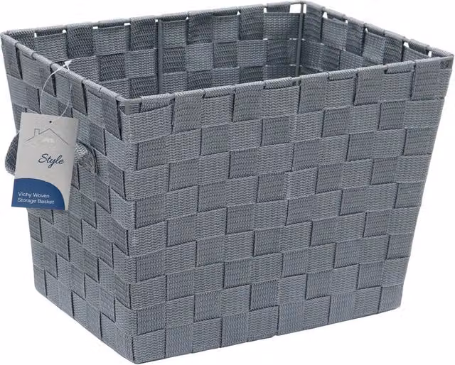 JVL Vichy Rectangular Open Weave Nylon Storage Basket with Handles, Grey