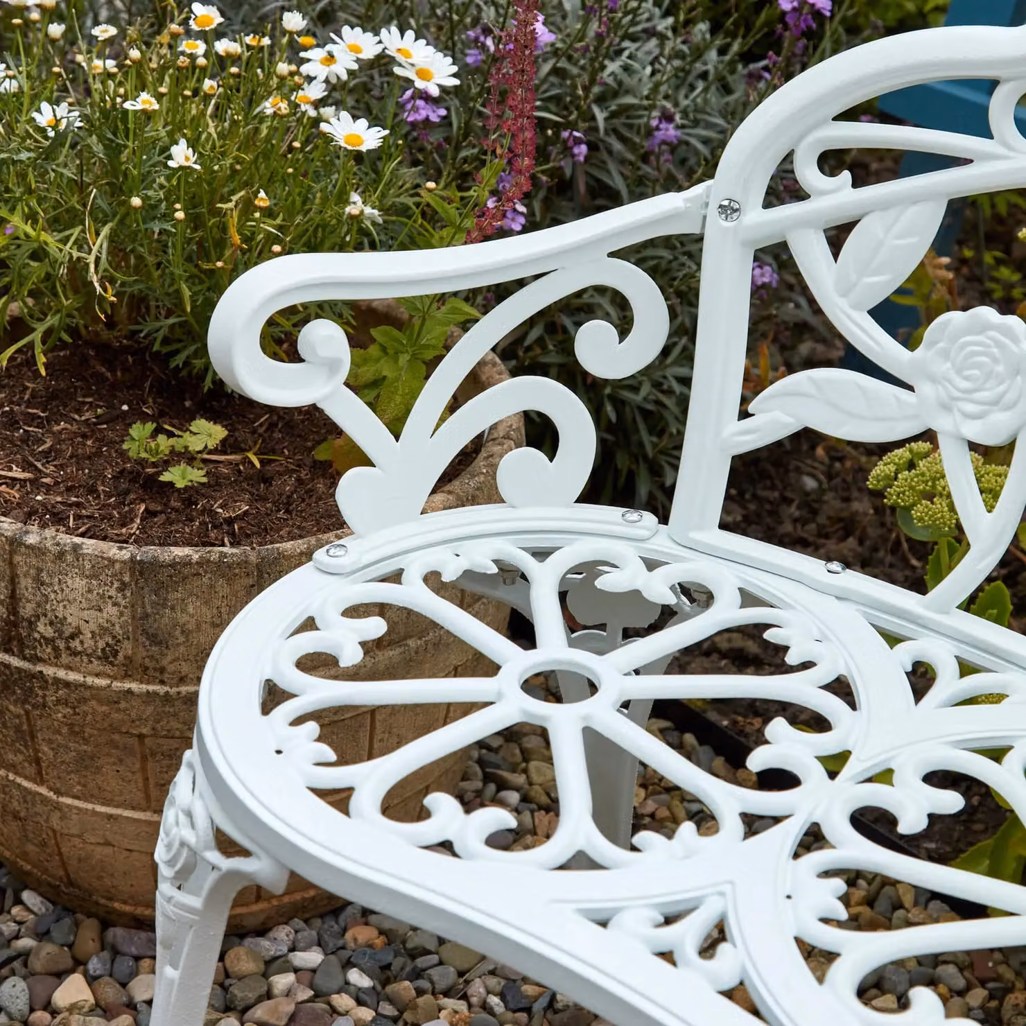 Home Source Cast Aluminium 2 Seater Garden Bench with Floral Metal Frame in White – 4