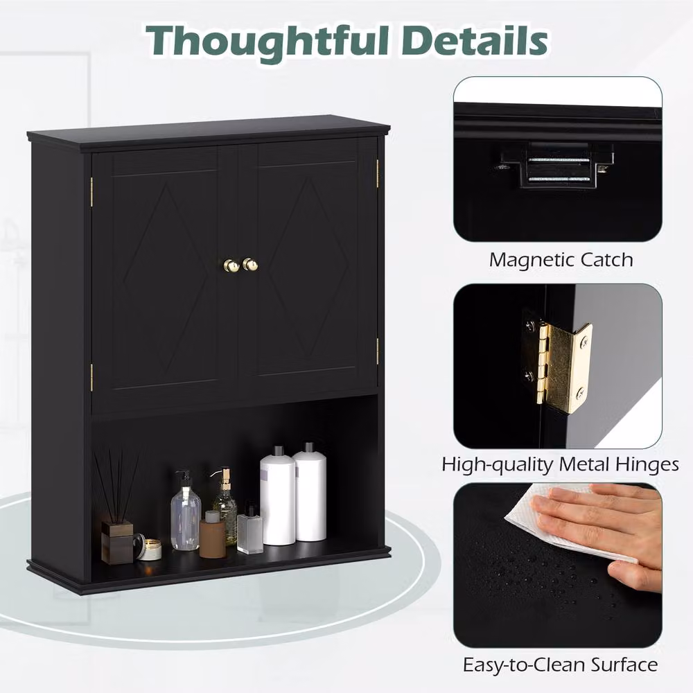 Costway Black Wooden Wall Mounted 2-Door Bathroom and Kitchen Medicine Cabinet with Internal Shelves – 5