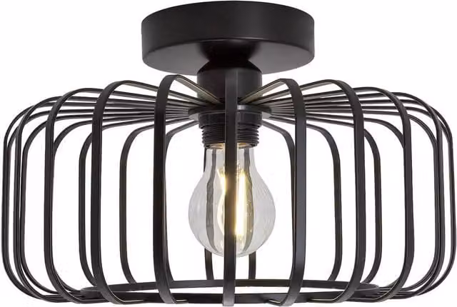 Happy Homewares Industrial Cage Semi Flush Ceiling Light in Matte Black Metal – 1