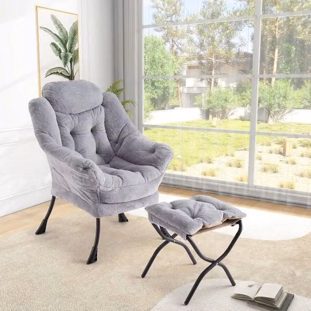 London Boutique Modern Grey Fabric Upholstered Reading Accent Chair with Ottoman – 1