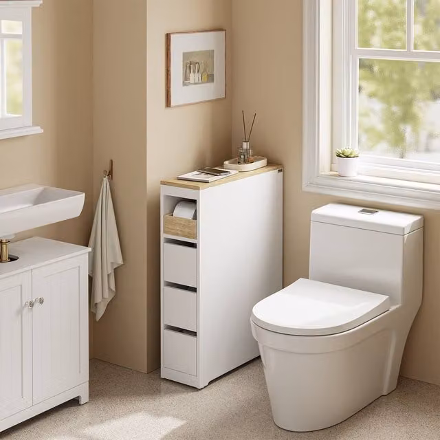 SoBuy Slim White Bathroom Side Cabinet with 3 Drawers and Open Shelf – 1
