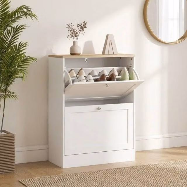 STILVORA White Modern Matt Shoe Cabinet with 2 Tilting Compartments – 1
