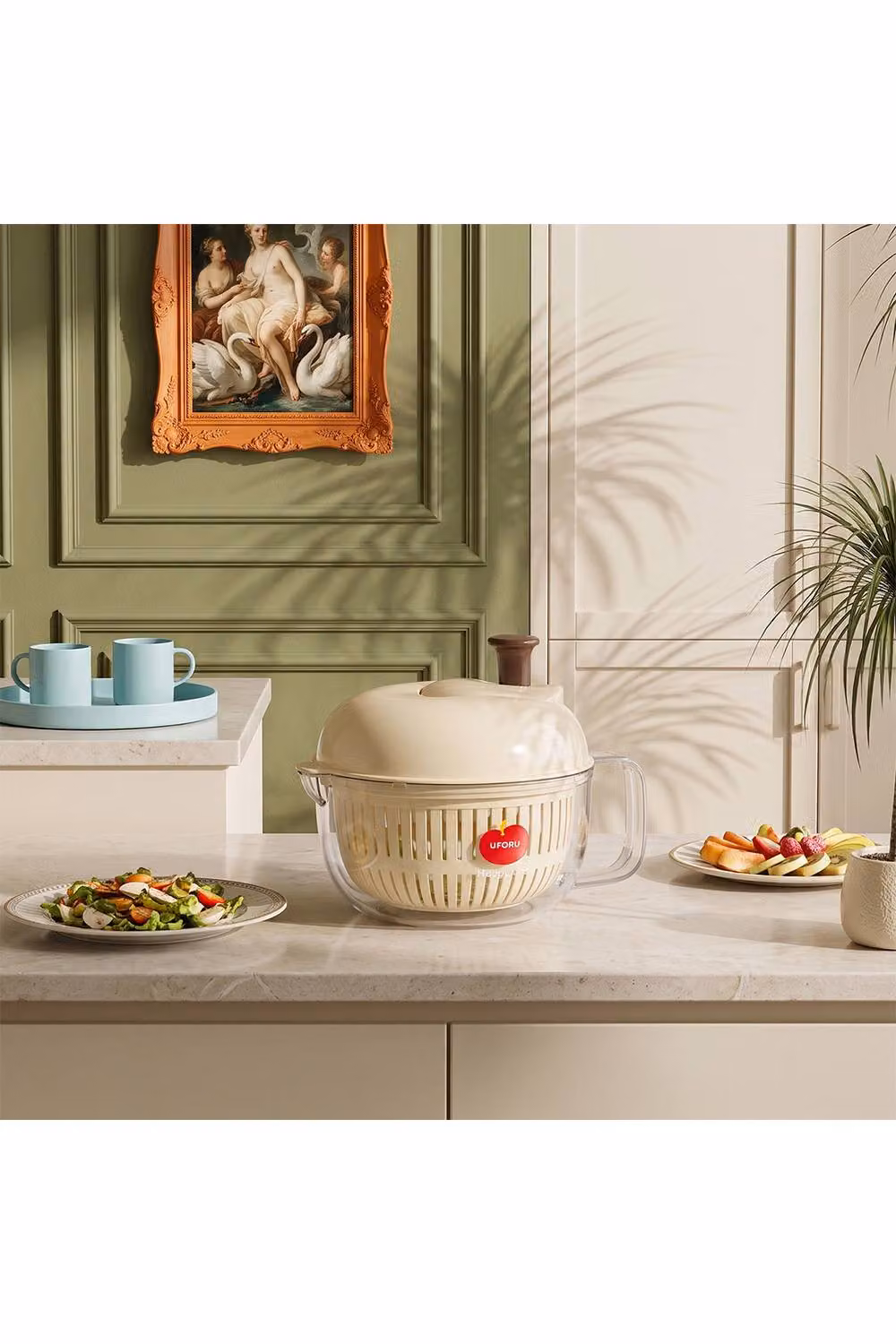 Living and Home Apple-Shaped Double-Layer Salad Spinner with Lid in Beige – 2