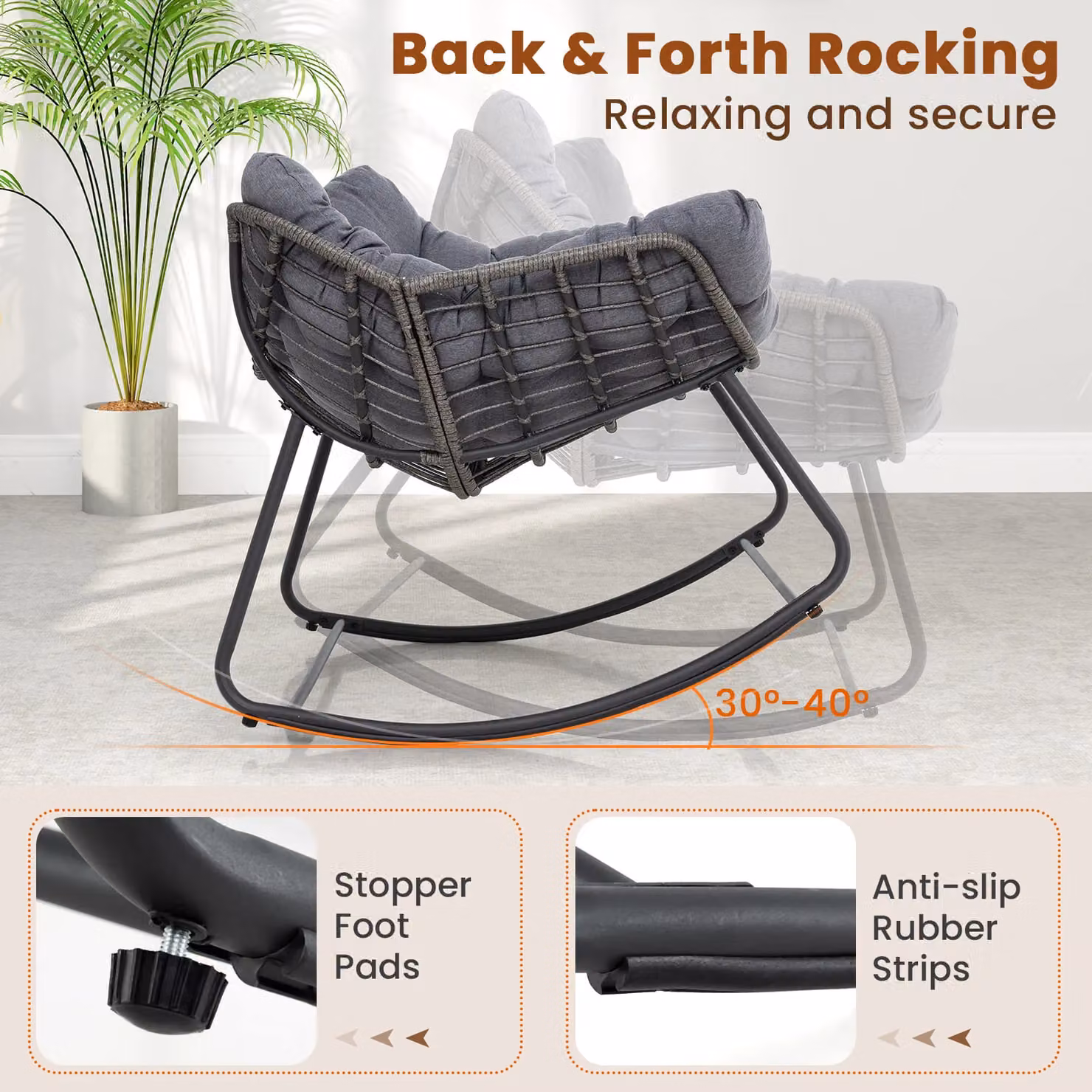 Costway Oversized PE Wicker Outdoor Rocking Egg Chair in Grey – 4