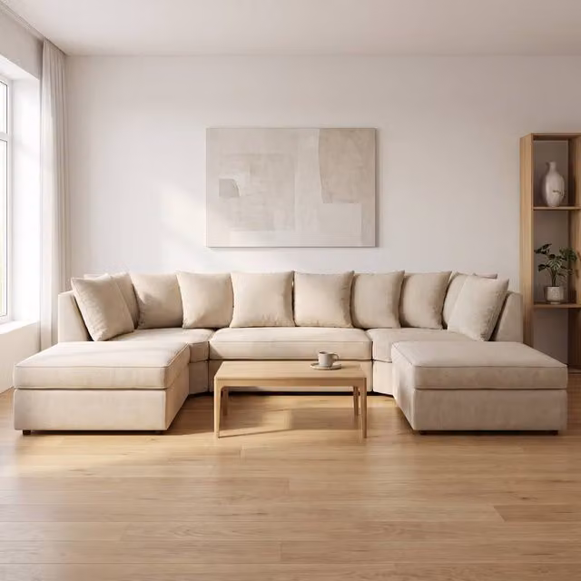 Abakus Direct Verona U-shape Corner Sofa in Beige Linen Fabric with Matching Ottoman and Scatter Cushions
